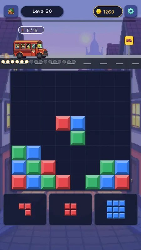 A Block Bus! level with colored blocks on a grid and a red bus picking up passengers above