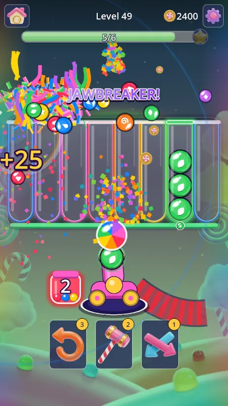 Candy Cannon Sort level with a candy cannon below glass tubes and confetti bursting