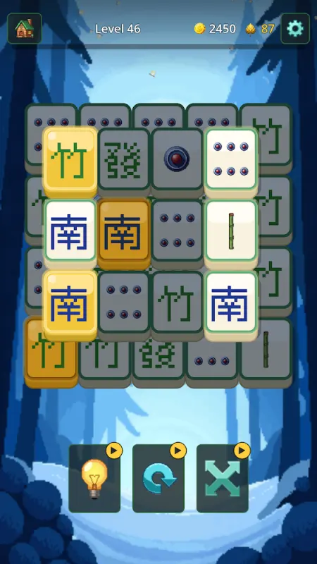 Mahjong Smart board of stacked Mahjong tiles in a blue forest with helper buttons below