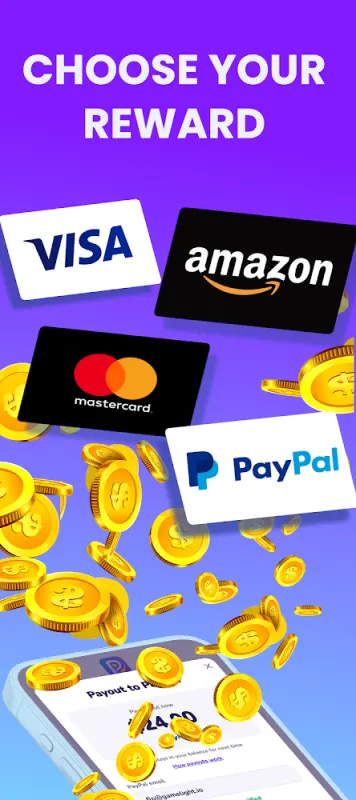 Playout's Choose your reward screen with PayPal and gift card options